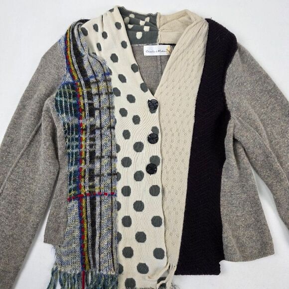 Anthropolgie Charlie & Robin Cardigan Sweater Patchwork Print Polka Dot Fringe S - Picture 2 of 11